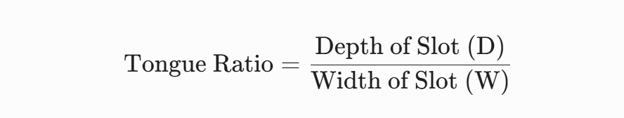 $$ext{Tongue Ratio} = rac{ext{Depth of Slot (D)}}{ext{Width of Slot (W)}}$$