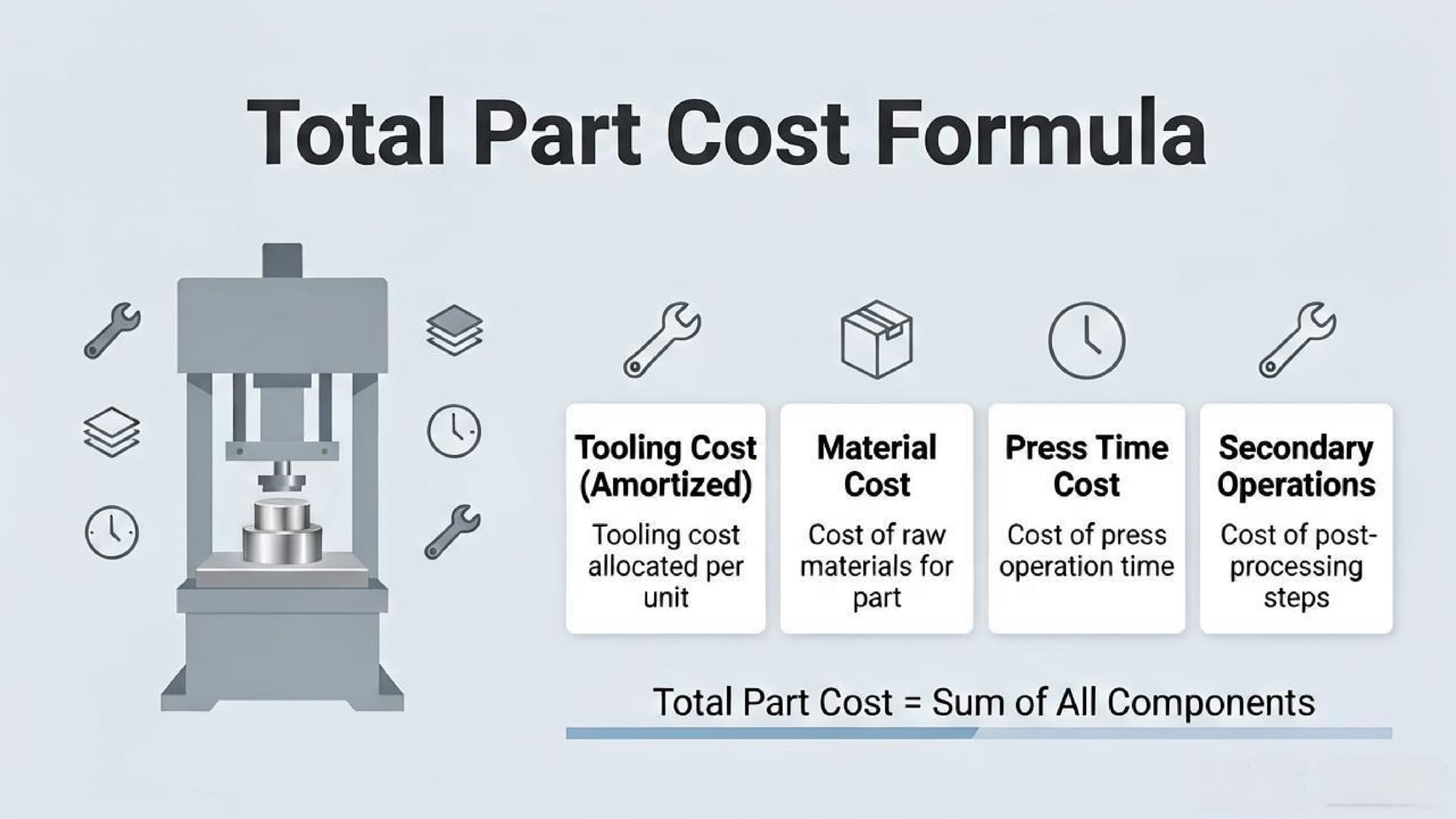  Total Part Cost = Tooling Cost (Amortized) + Material Cost + Press Time Cost + Secondary Operation